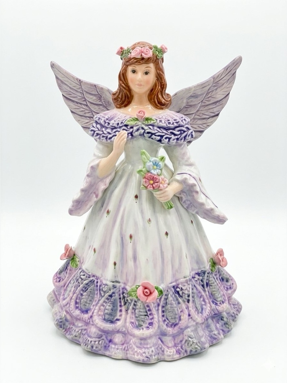 Porcelain Lavender Angel Figurine Plays Music Ave Maria Vintage